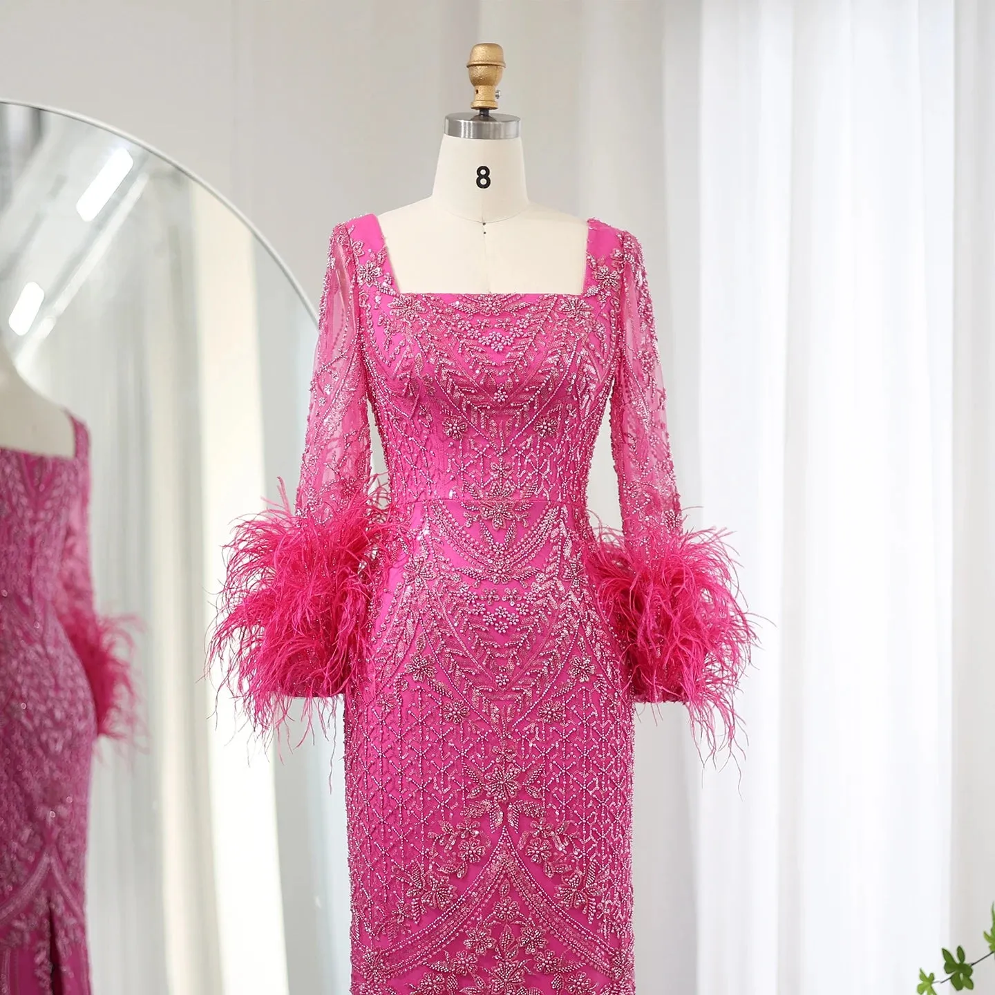 Fuchsia Feather Modest Long Sleeves Evening Gown