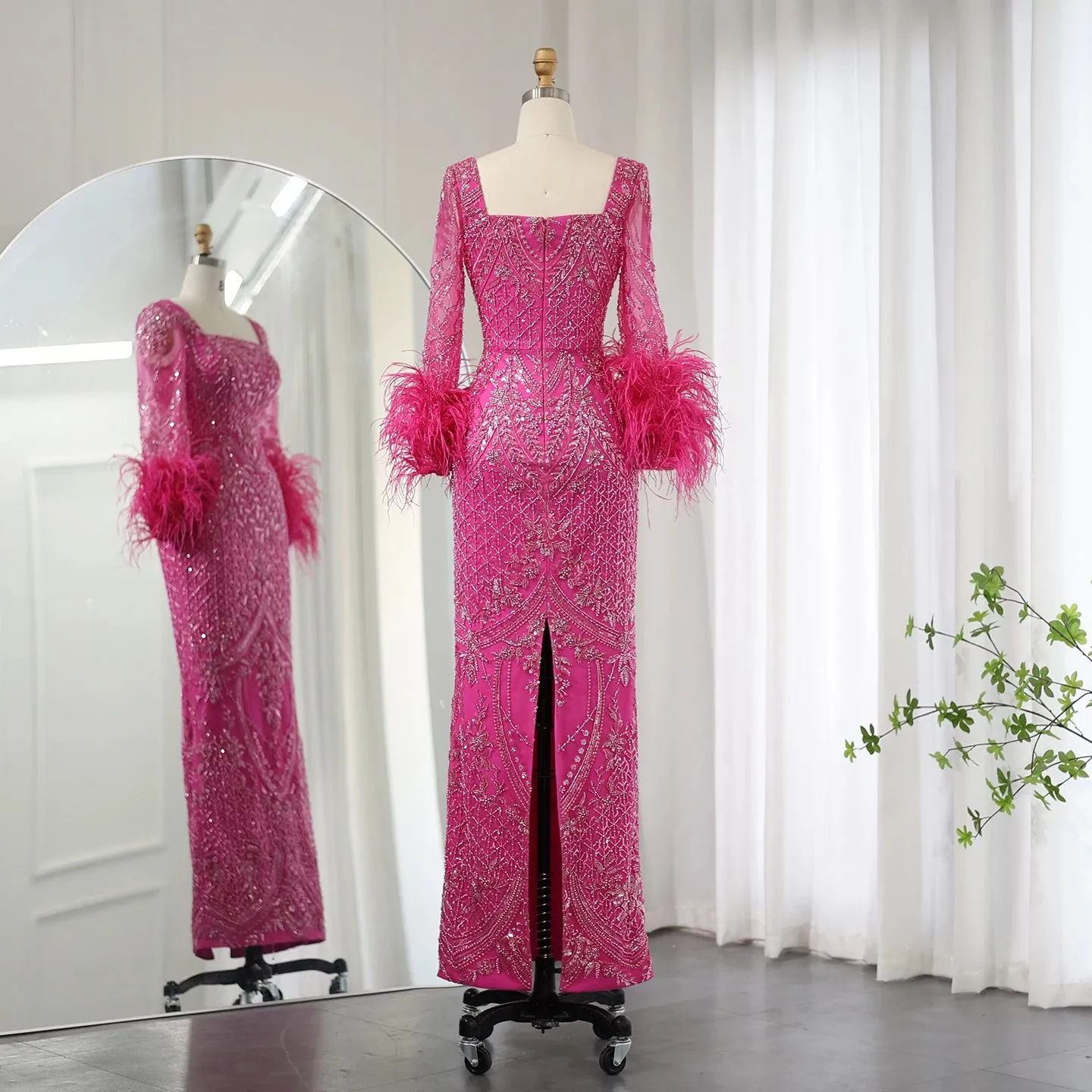 Fuchsia Feather Modest Long Sleeves Evening Gown