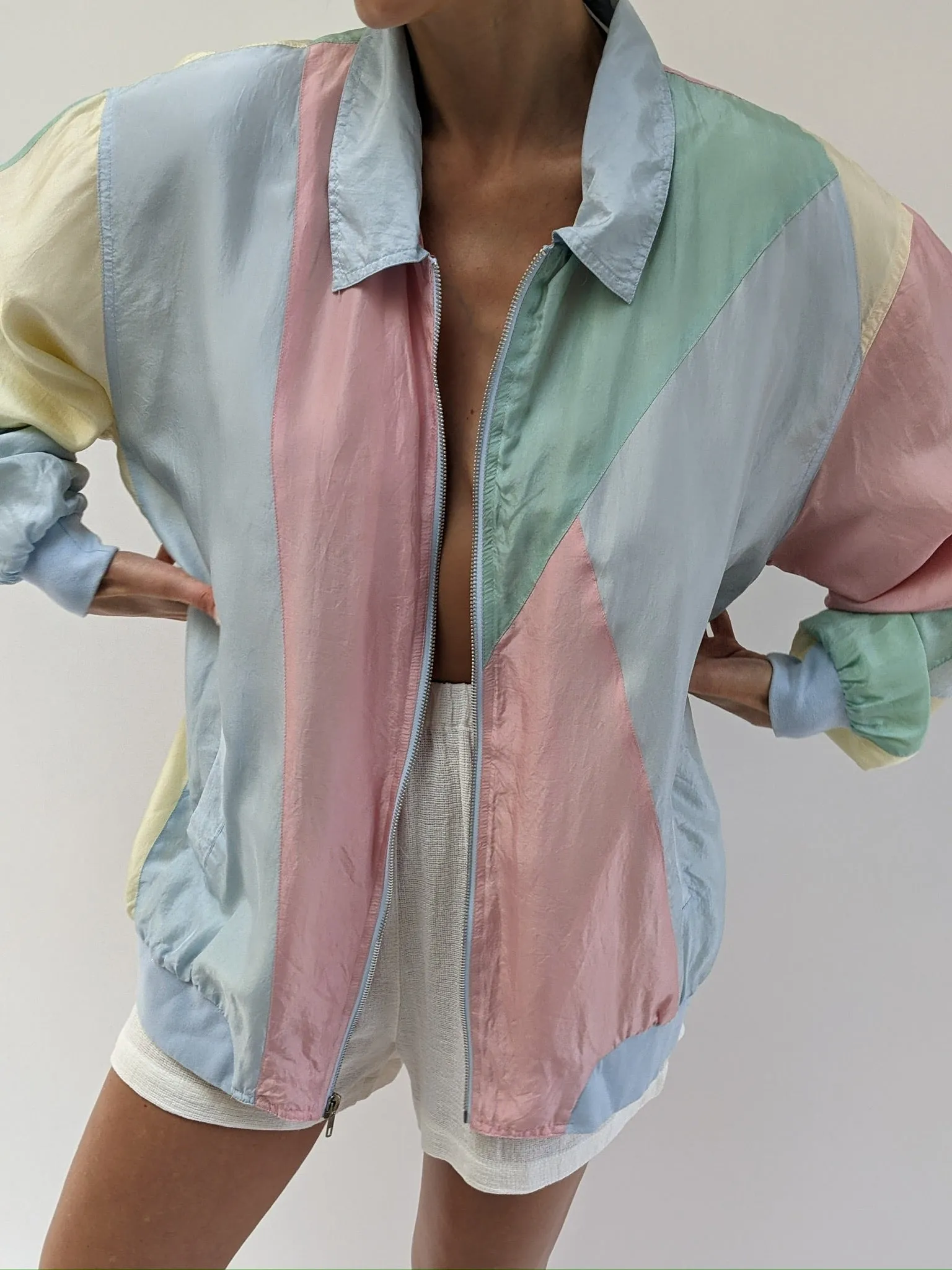 Fun Vintage Pastel Silk Bomber Jacket