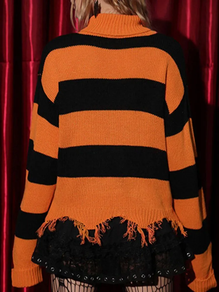 Gothic Striped Turtleneck Long Sleeve Sweater
