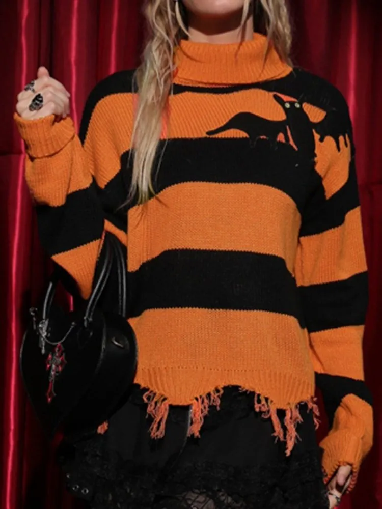 Gothic Striped Turtleneck Long Sleeve Sweater