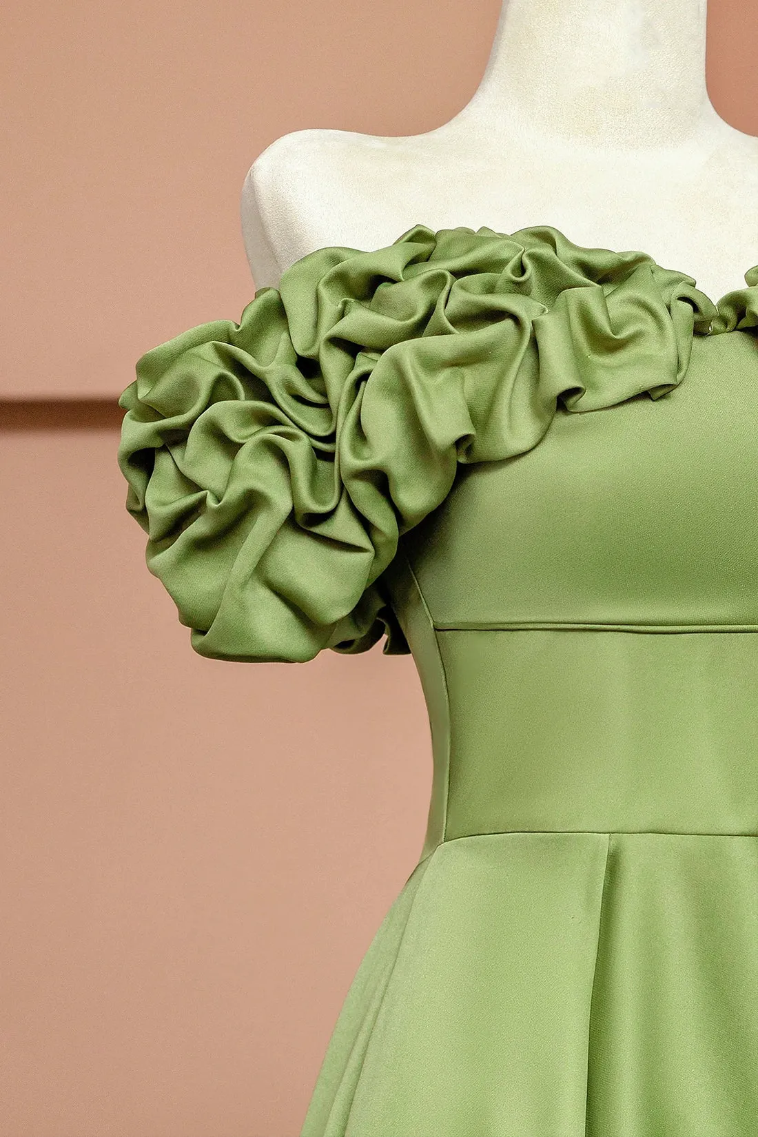 Green Satin Floor Length Prom Dress, Off the Shoulder Evening Party Dress