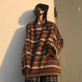 High Street Women Sweater Striped Contrasting Color Sweaters Vintage O-Neck Long Sleeve Knitwear Pullovers Female Jumper