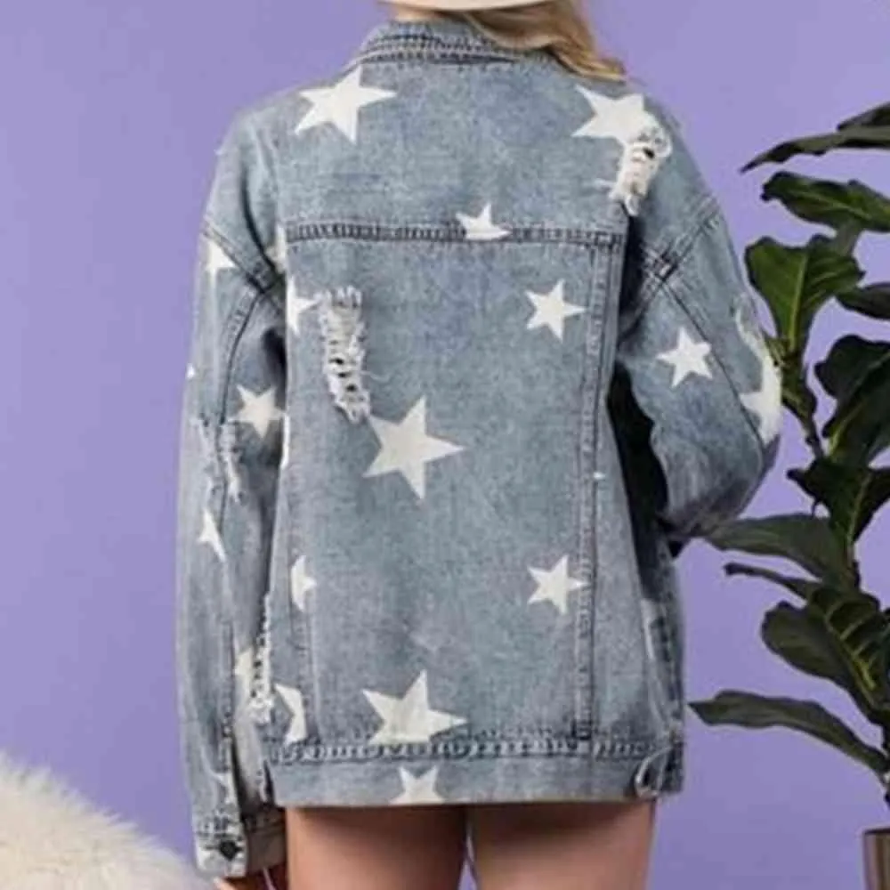 Light Wash Stars Distressed Denim Shacket