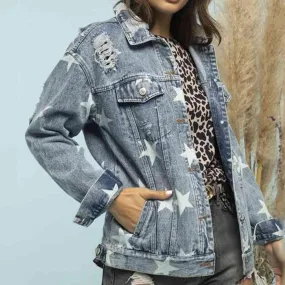 Light Wash Stars Distressed Denim Shacket