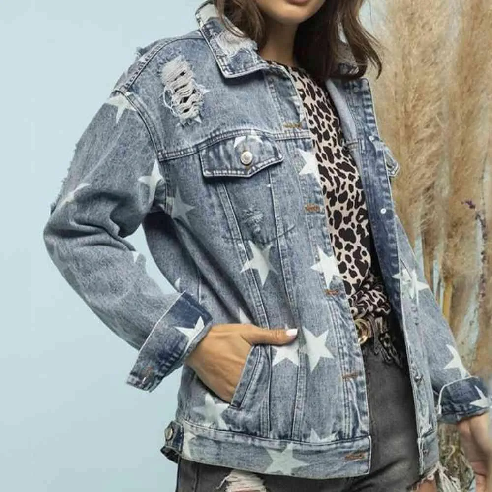 Light Wash Stars Distressed Denim Shacket