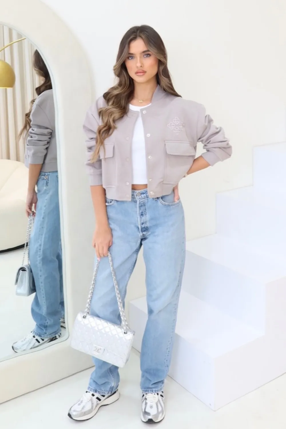 Lucie slate grey jersey bomber jacket
