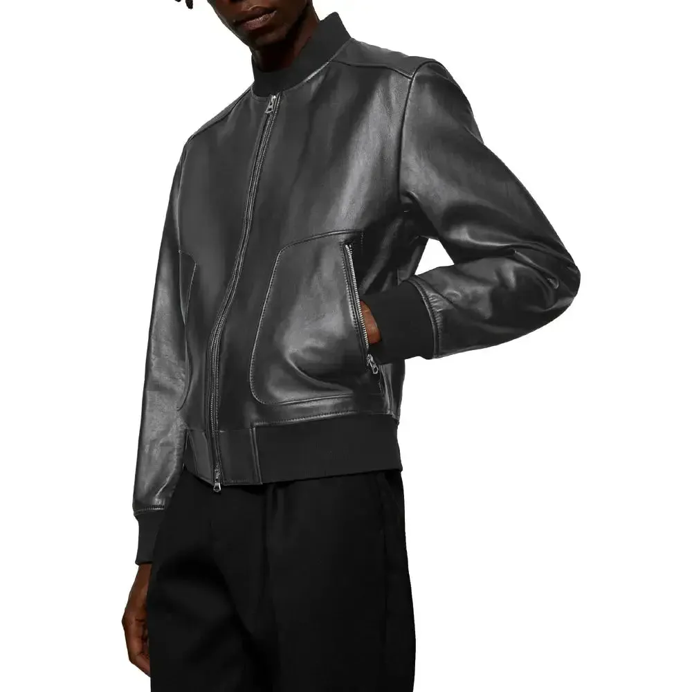 Men's Black Leather Bomber Jacket Classic Fit