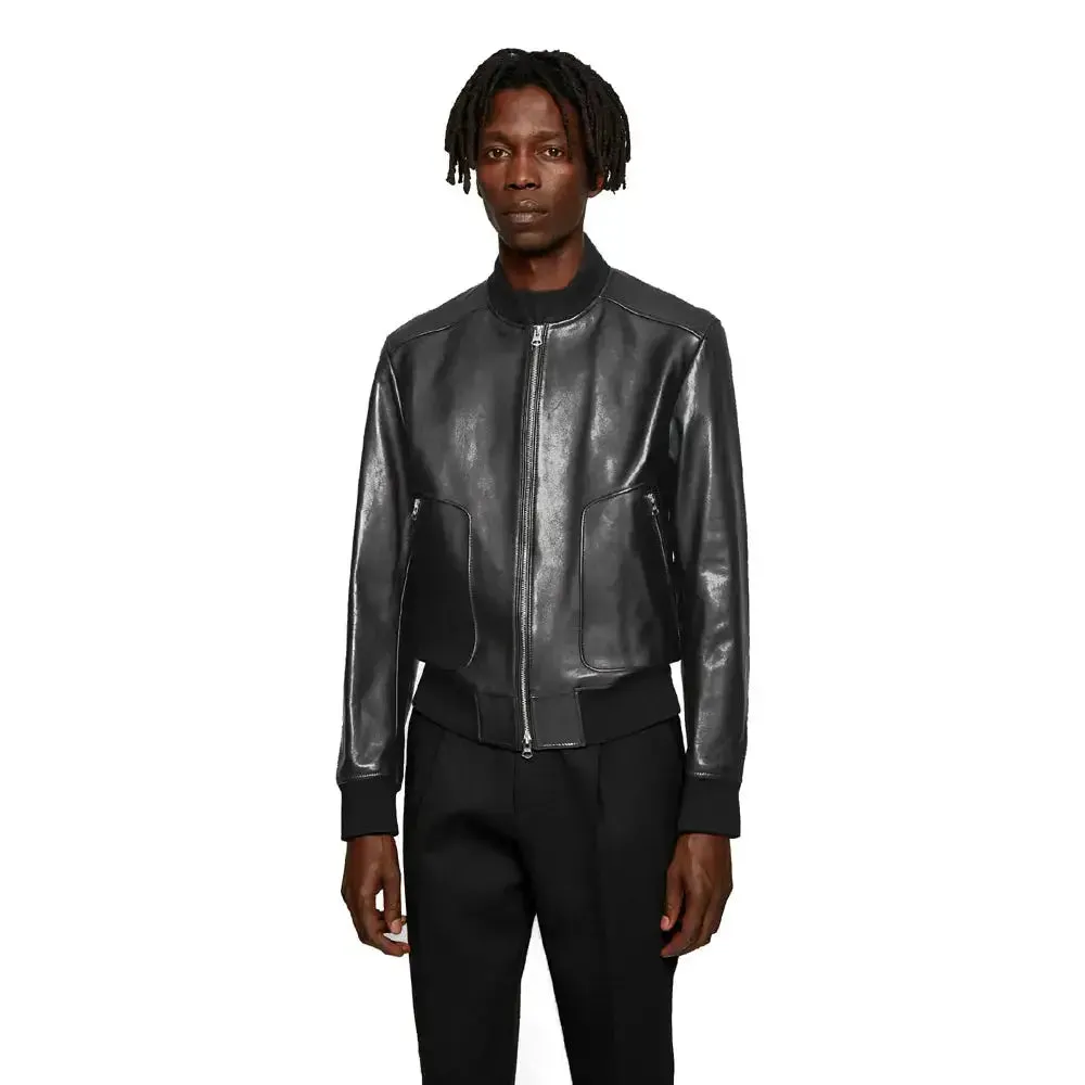 Men's Black Leather Bomber Jacket Classic Fit