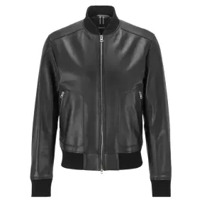 Men's Black Leather Bomber Jacket Classic Fit