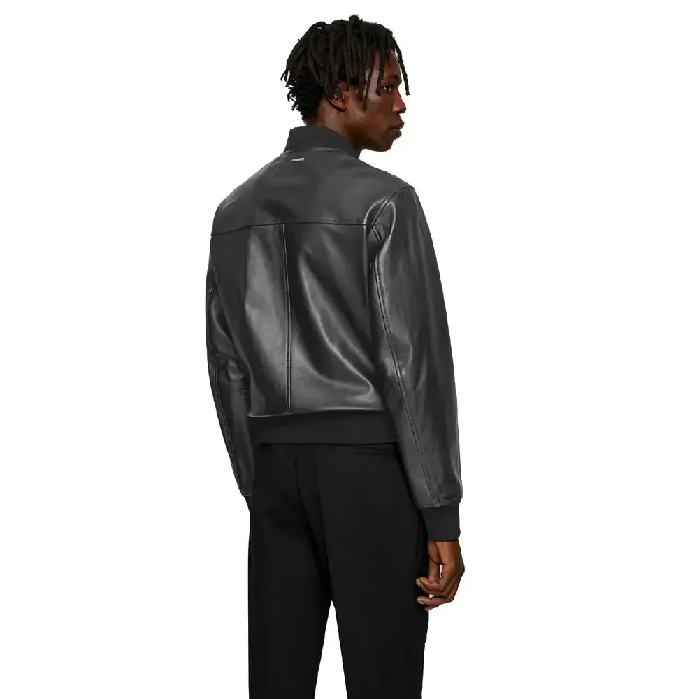 Men's Black Leather Bomber Jacket Classic Fit