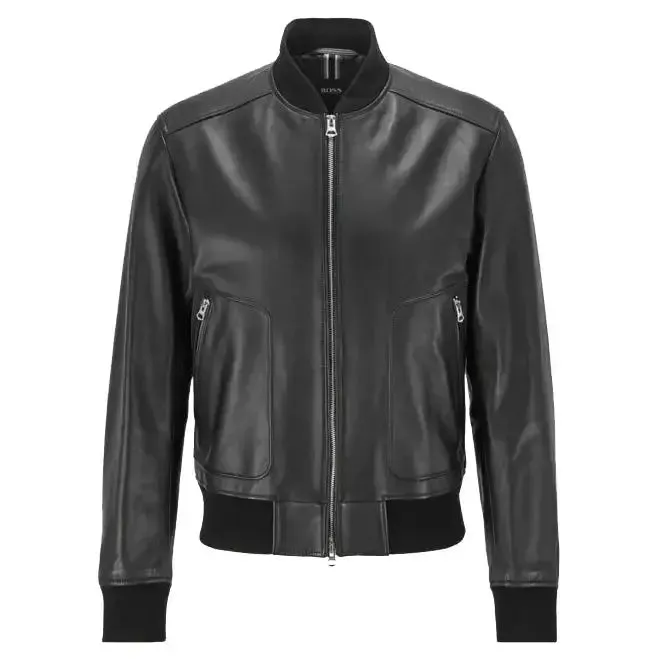 Men's Black Leather Bomber Jacket Classic Fit