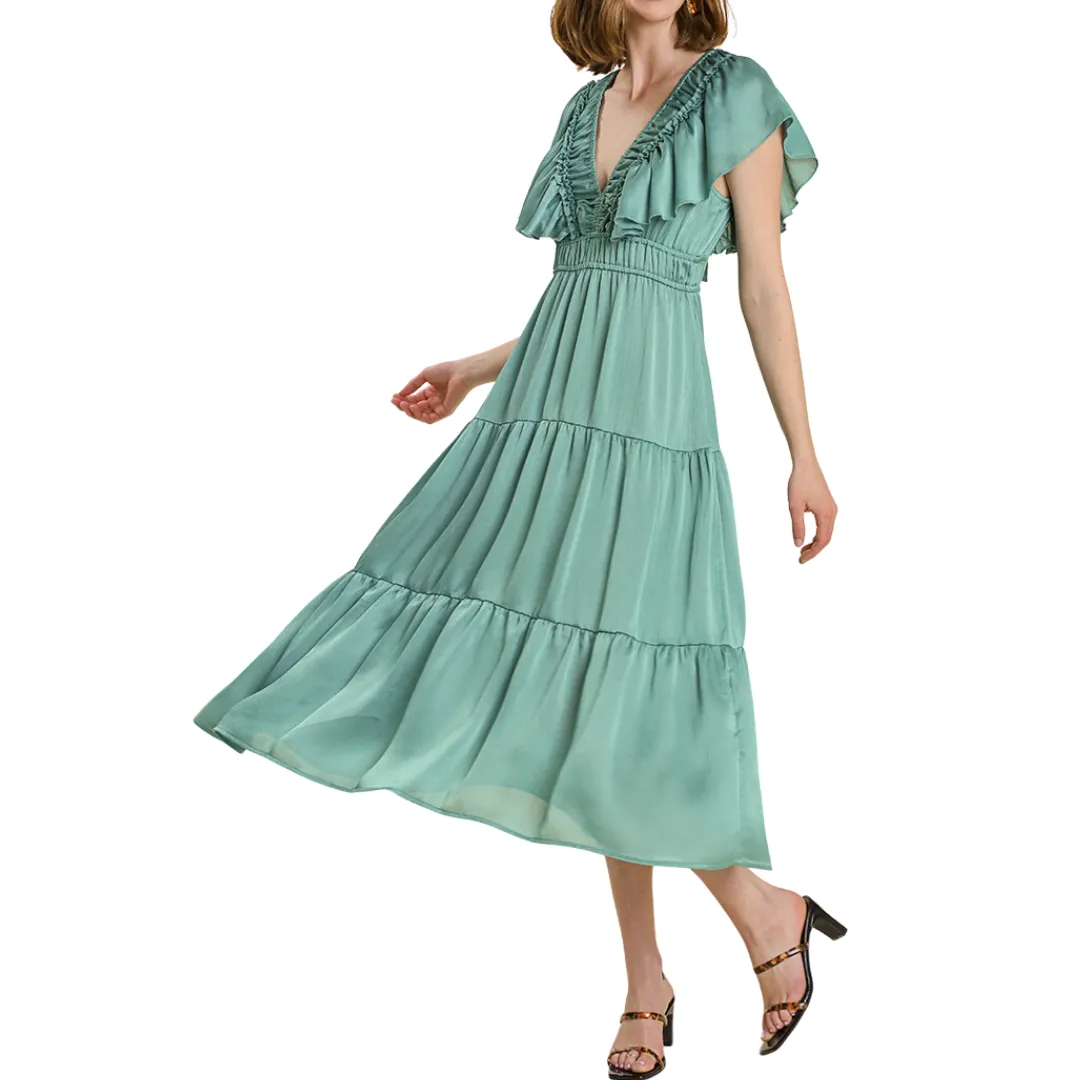 Mint ruffled tiered midi dress