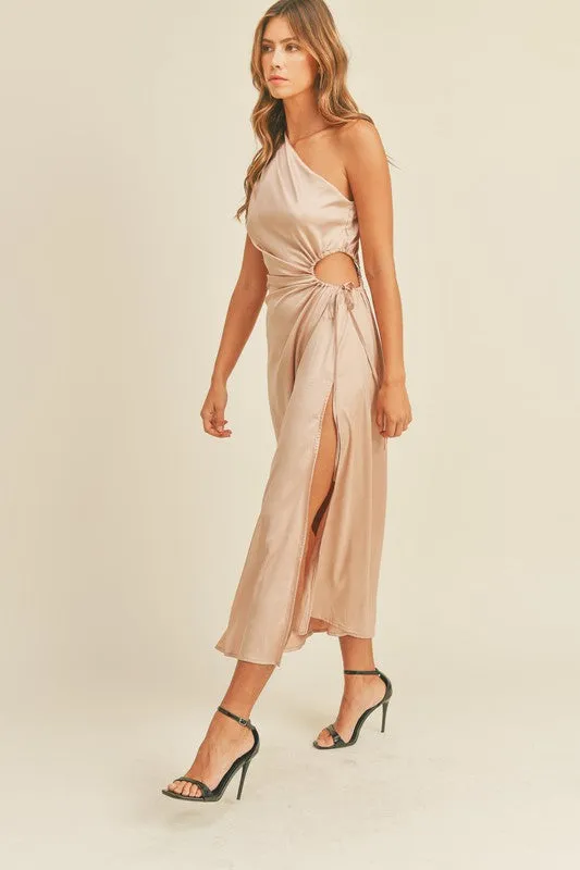 Mocha Satin Cut Out Midi-Dress