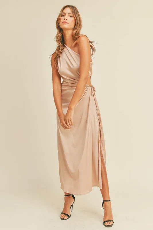 Mocha Satin Cut Out Midi-Dress