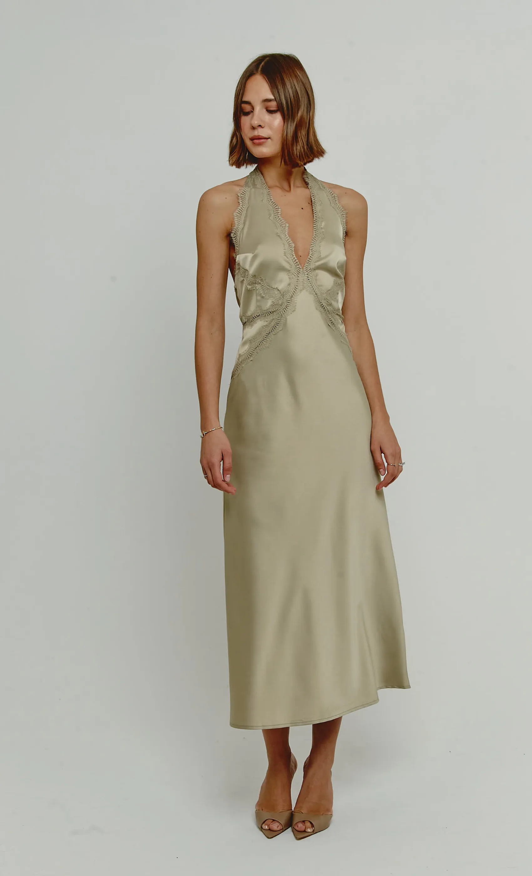 Olive Lace Trim Slip Midi Dress