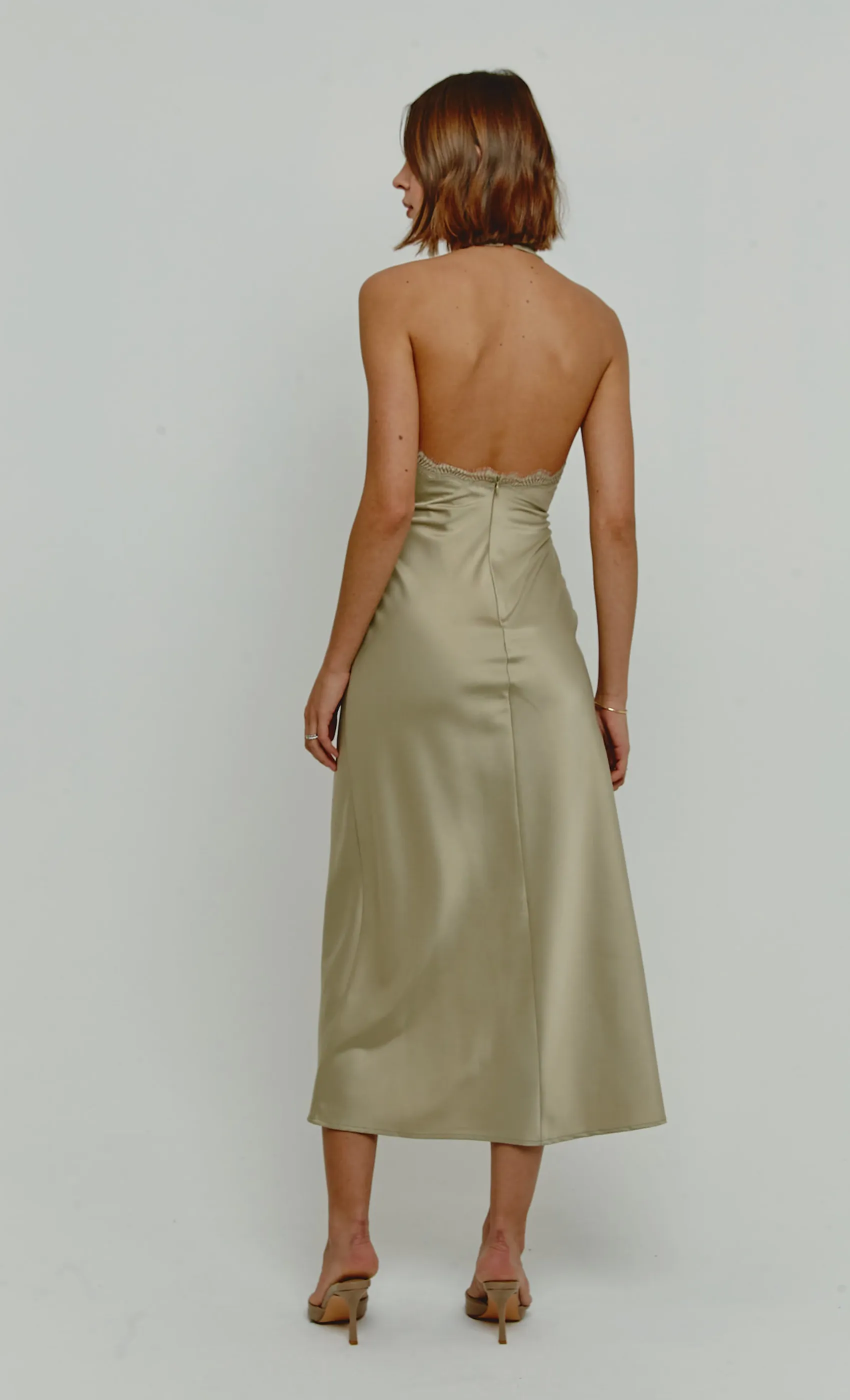 Olive Lace Trim Slip Midi Dress