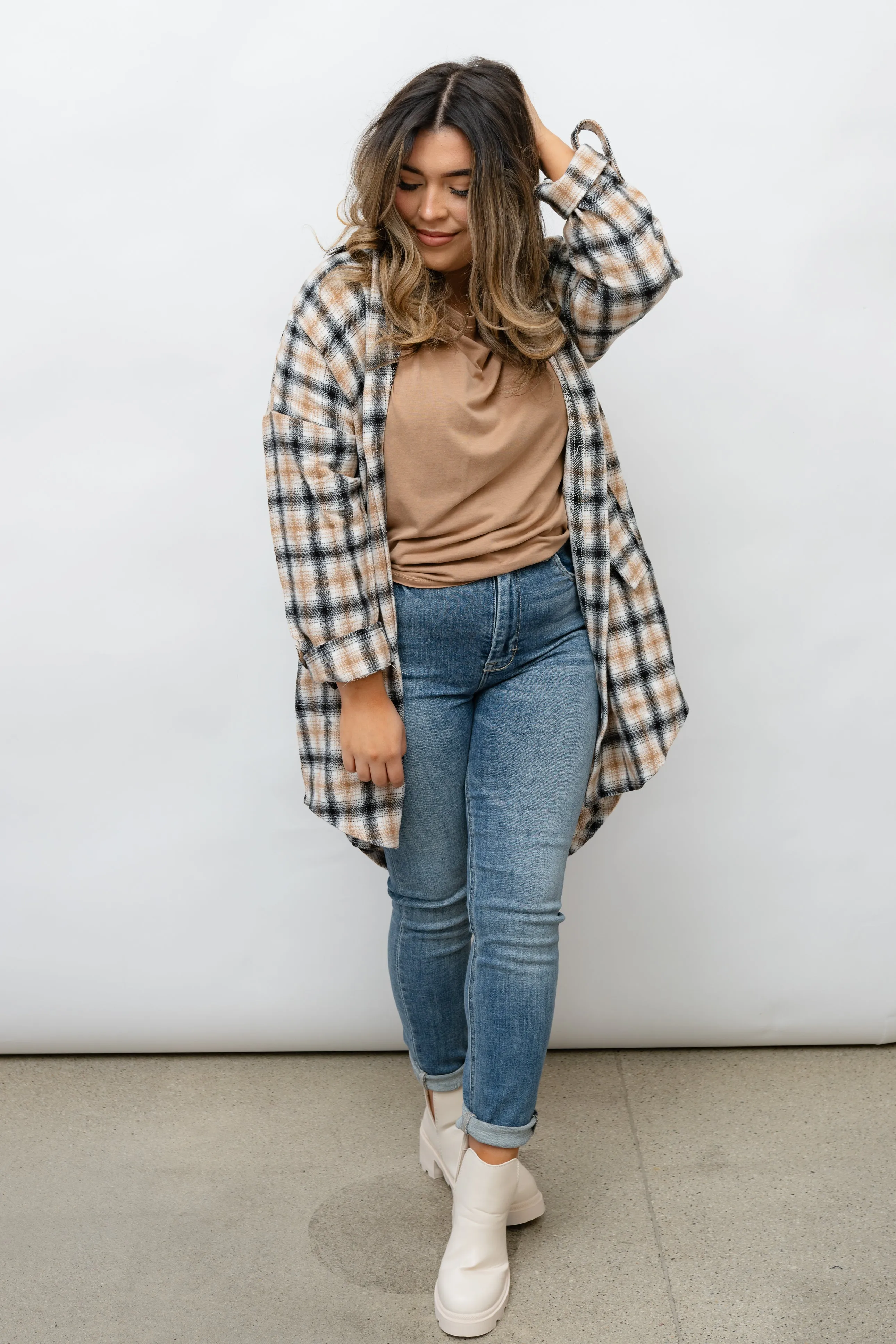 OVERSIZED PLAID BUTTON DOWN TOP SHACKET- BLACK