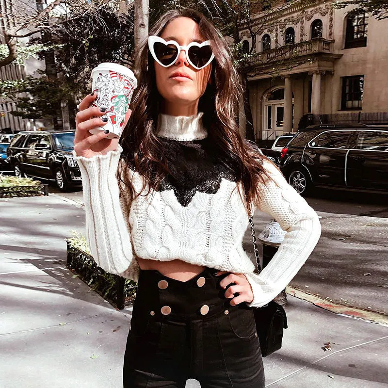 Patchwork Turtleneck Cable Knit Women Pullover Sweater