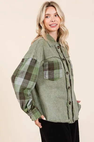 Plaid Patchwork Shacket in Moss