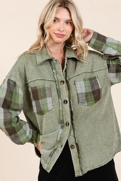 Plaid Patchwork Shacket in Moss