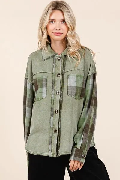 Plaid Patchwork Shacket in Moss