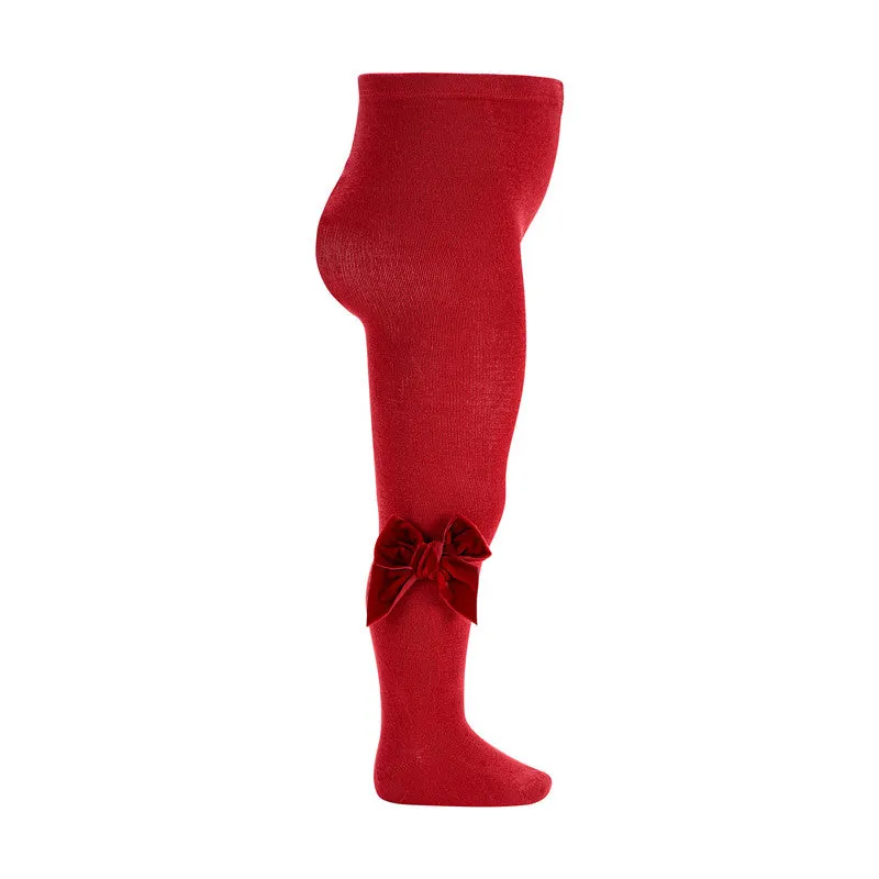 Plain Knit Tights with Velvet Bow Appliqué