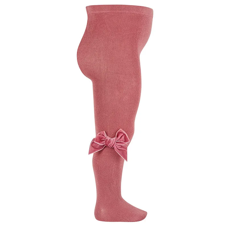 Plain Knit Tights with Velvet Bow Appliqué