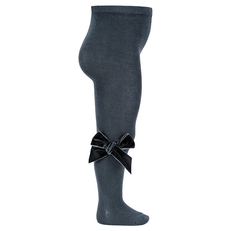 Plain Knit Tights with Velvet Bow Appliqué