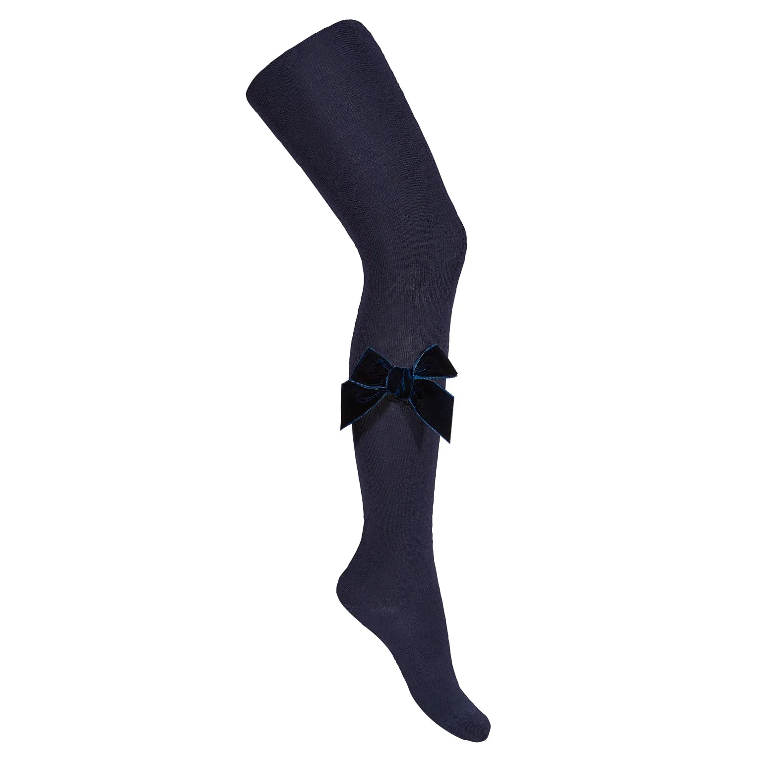 Plain Knit Tights with Velvet Bow Appliqué