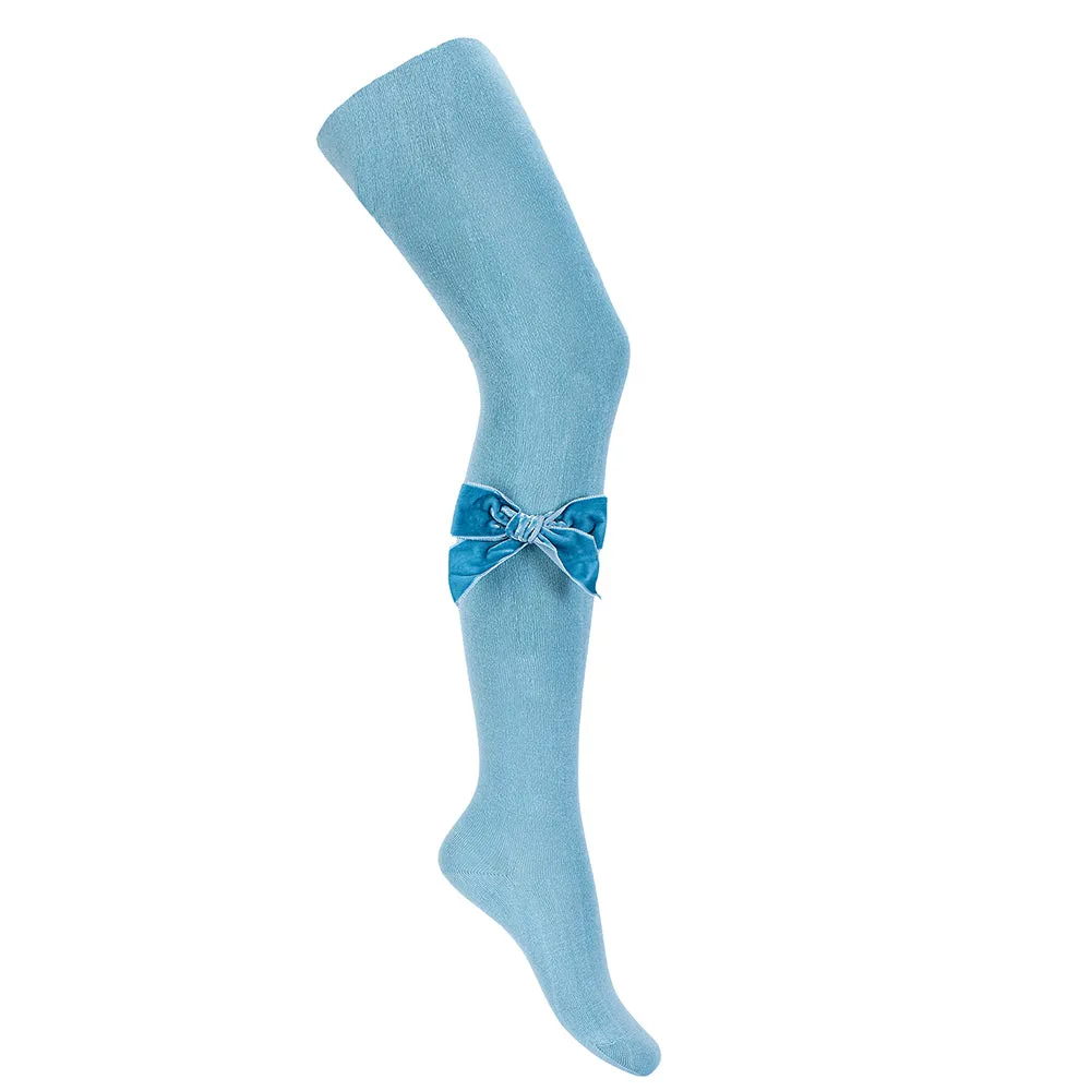 Plain Knit Tights with Velvet Bow Appliqué
