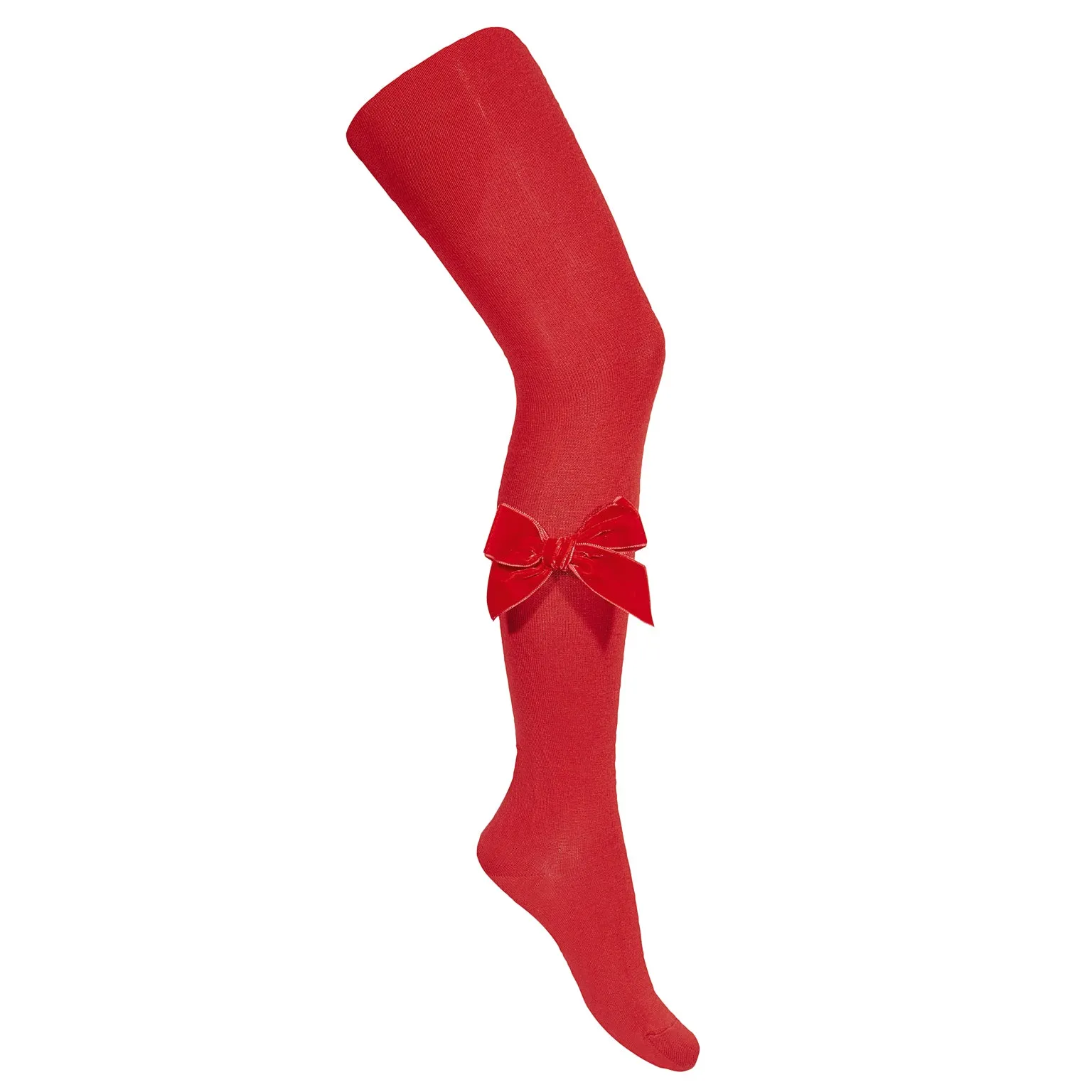 Plain Knit Tights with Velvet Bow Appliqué
