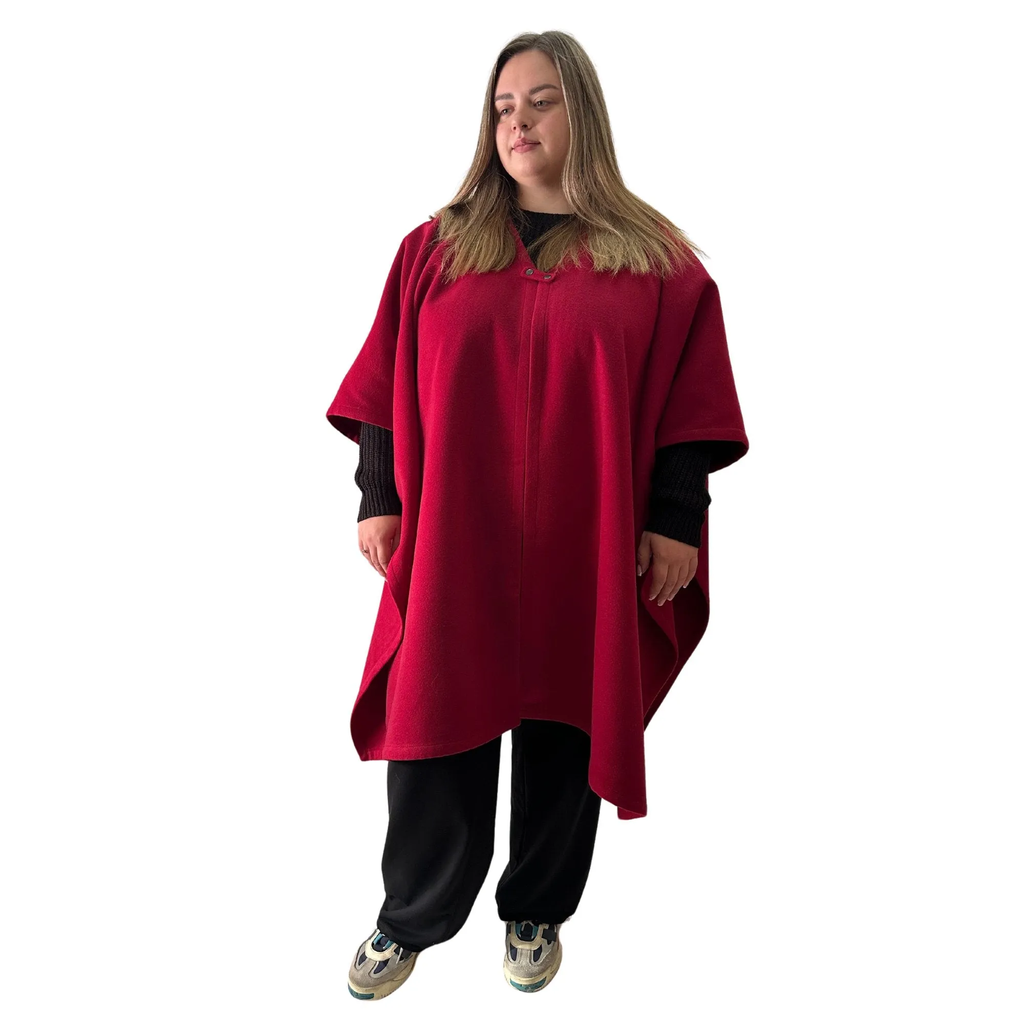 Plus Size Minimalist Long Women’s Cherry Cape Coat – Woolen Poncho Cloak, Cashmere Wool Blend Cape