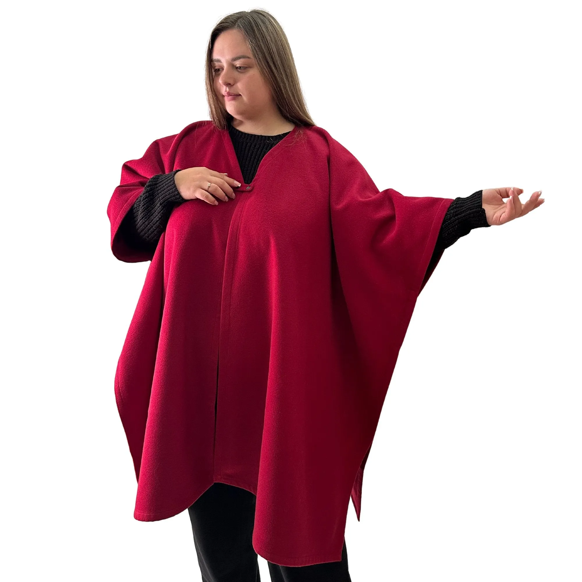 Plus Size Minimalist Long Women’s Cherry Cape Coat – Woolen Poncho Cloak, Cashmere Wool Blend Cape