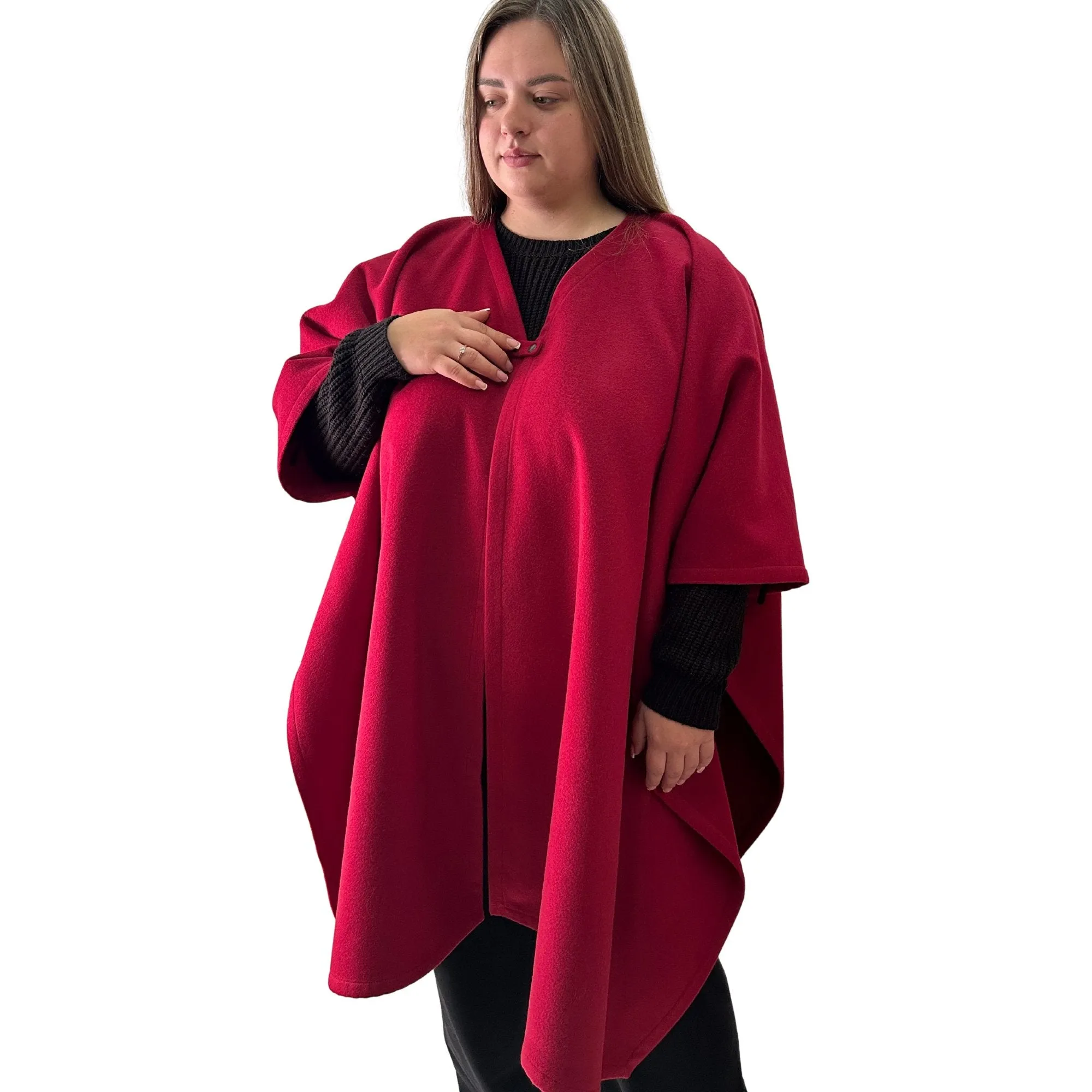 Plus Size Minimalist Long Women’s Cherry Cape Coat – Woolen Poncho Cloak, Cashmere Wool Blend Cape
