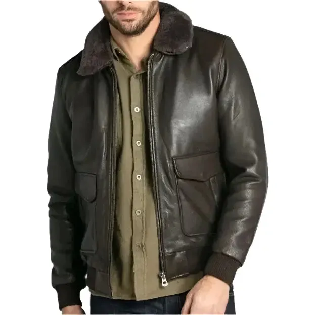 Premium Brown Cowhide Leather Aviator Bomber Jacket - Stylish & Durable