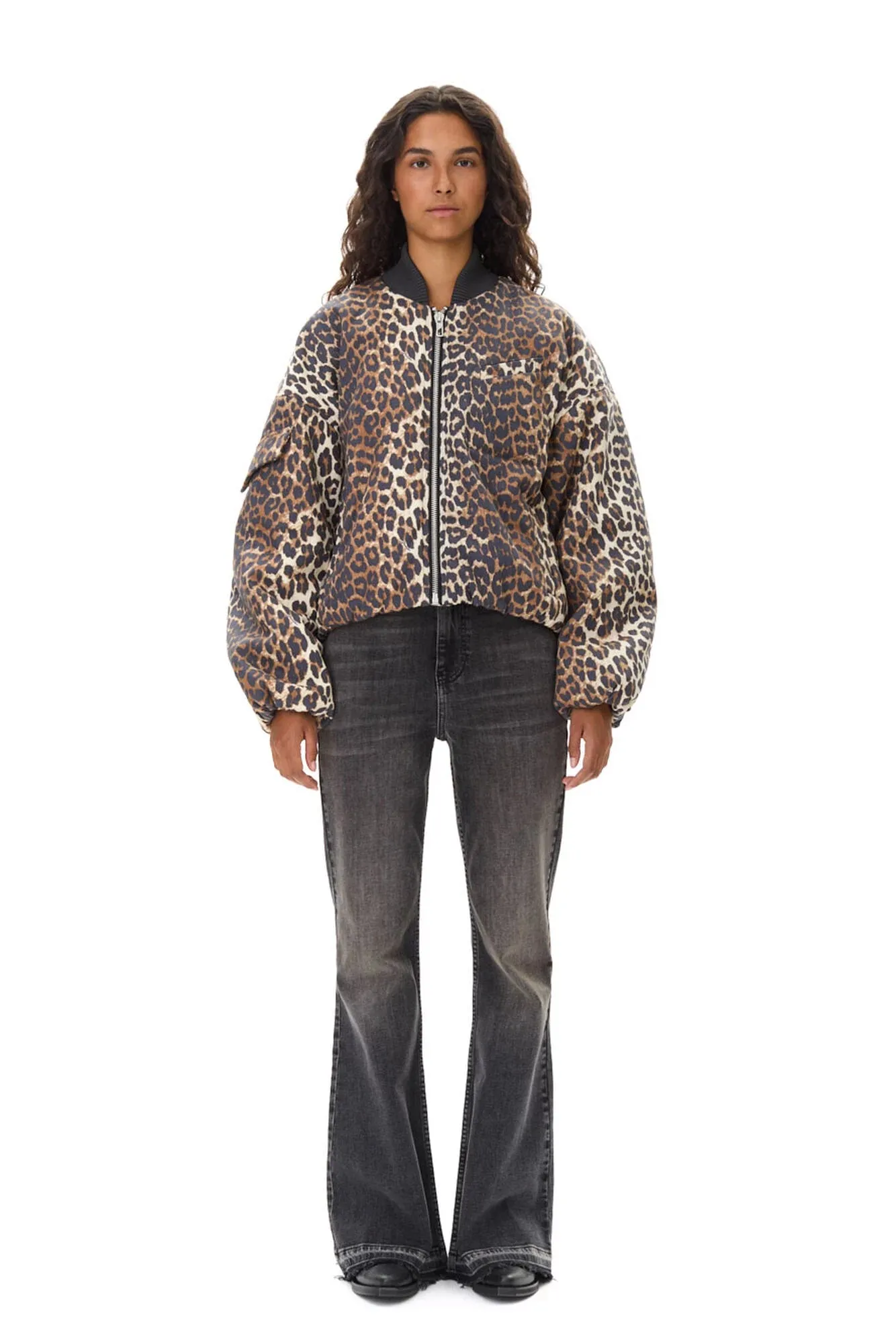Printed Canvas Oversized Short Bomber Jacket