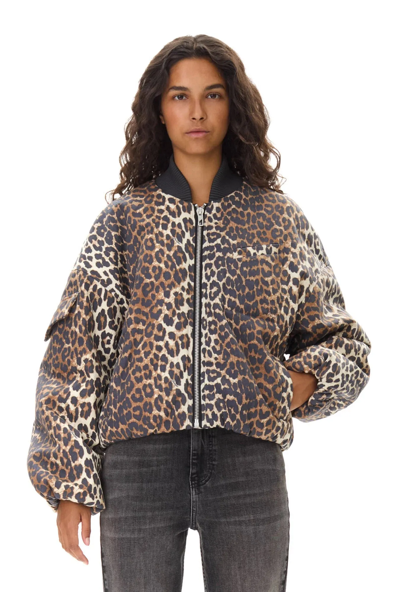 Printed Canvas Oversized Short Bomber Jacket