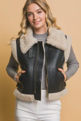 "Winter Chic" Vegan Leather Black Vest w/ Beige Sherpa Lining Detail