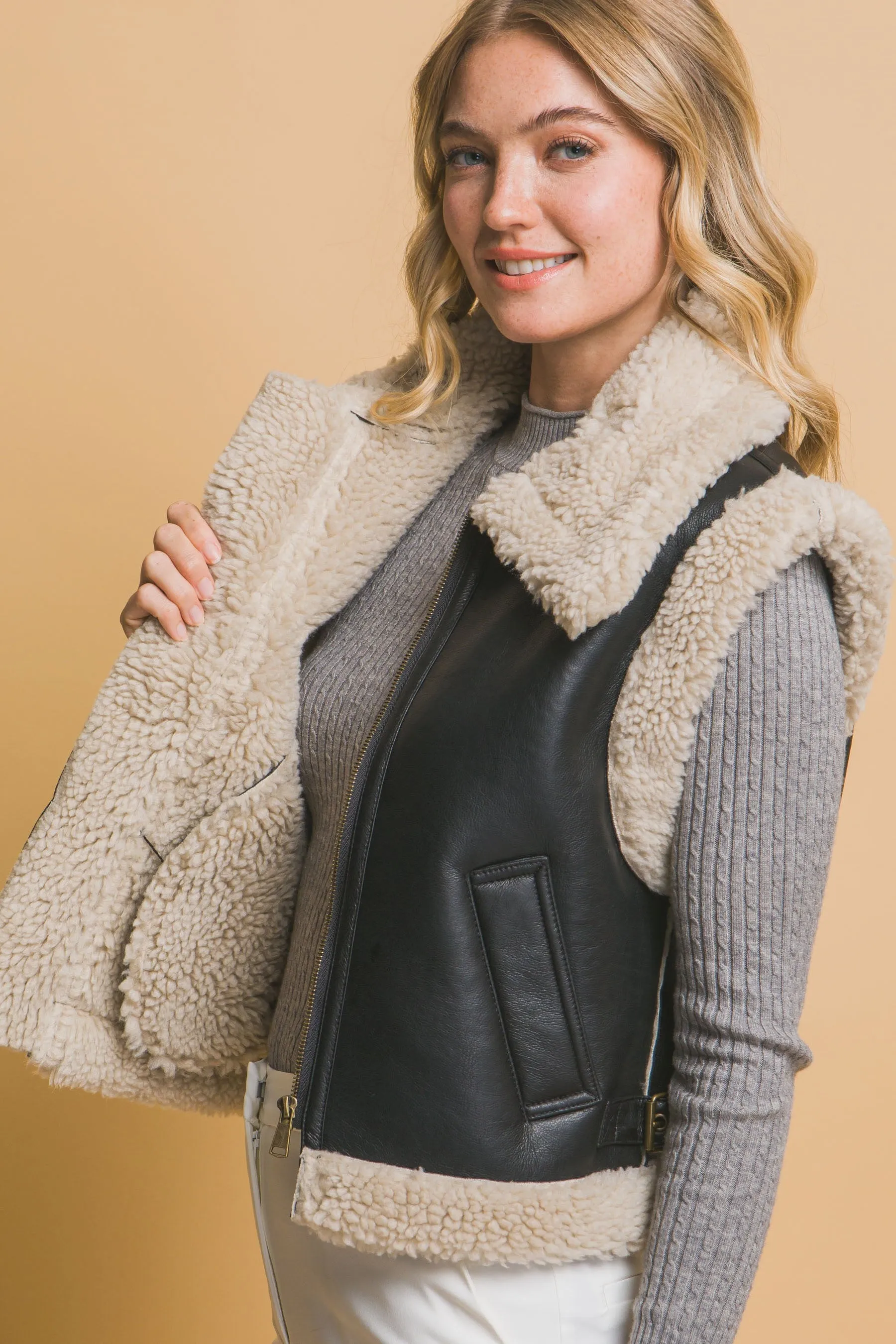 "Winter Chic" Vegan Leather Black Vest w/ Beige Sherpa Lining Detail