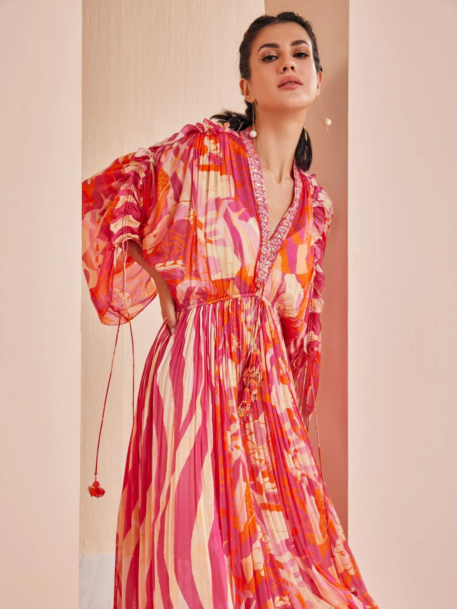Red petunia pink printed kaftan