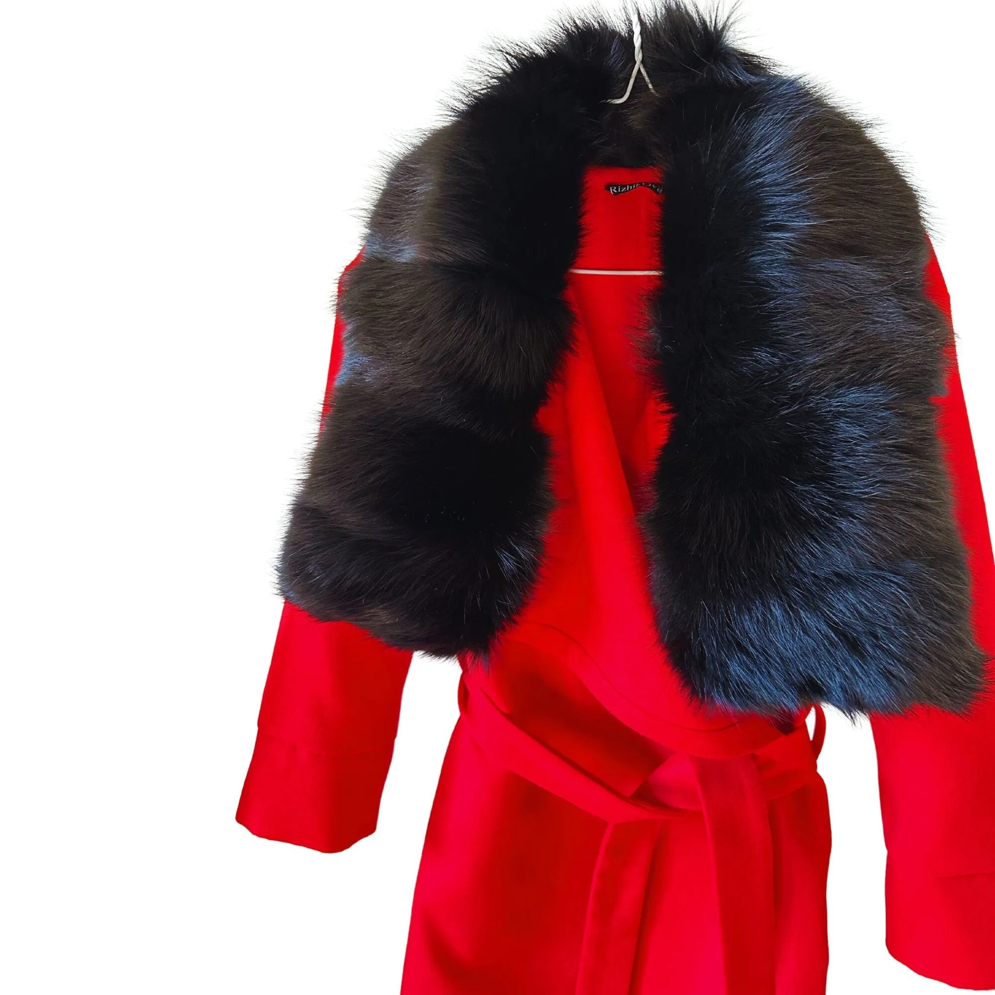 Red Wrap Elegant Women coat with black fur fox collar, Long Belted Feminine Overcoat Trim Fox Fur, Cashmere Woolen blend Coat Wrap