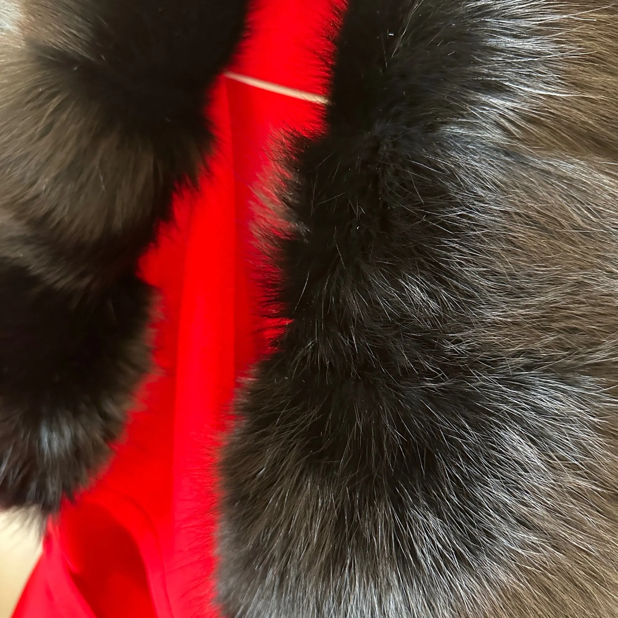 Red Wrap Elegant Women coat with black fur fox collar, Long Belted Feminine Overcoat Trim Fox Fur, Cashmere Woolen blend Coat Wrap