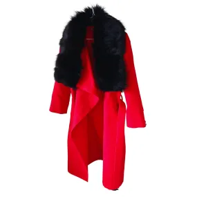Red Wrap Elegant Women coat with black fur fox collar, Long Belted Feminine Overcoat Trim Fox Fur, Cashmere Woolen blend Coat Wrap