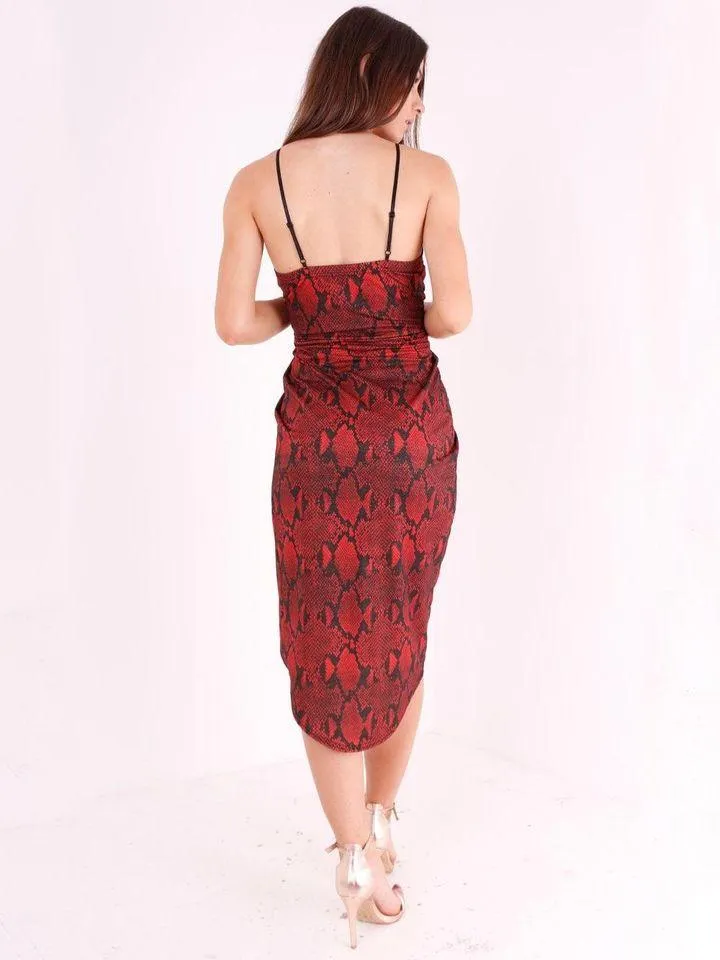 Red Wrap Split Snake Print Dress