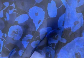 Sheer Dramatic Cobalt & Black Poppies Silk Organza  (Made in Italy)