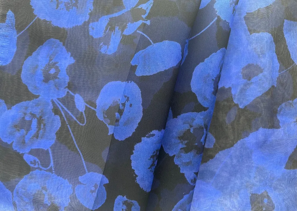 Sheer Dramatic Cobalt & Black Poppies Silk Organza  (Made in Italy)