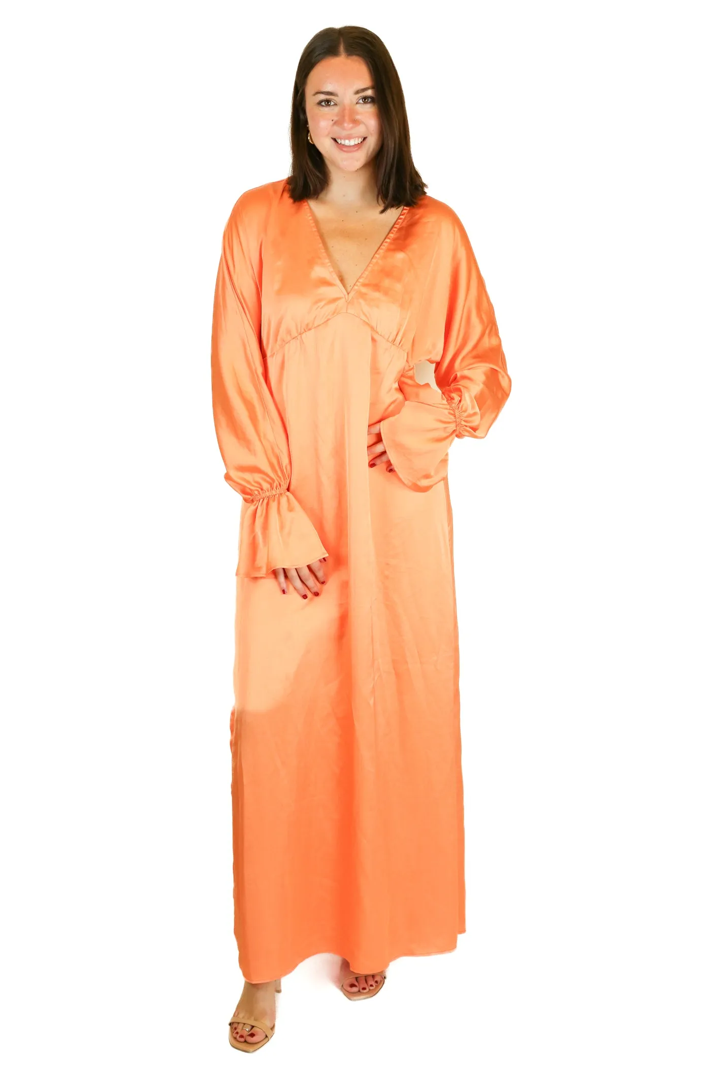 Show Me Your Mumu Orange Satin Maxi Dress (S)