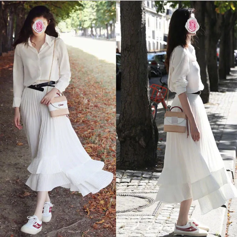 Summer Inspired White Lapel Long Sleeved Shirt Vintage Ruffle Collar Pleated Dress Sets Women Skirt