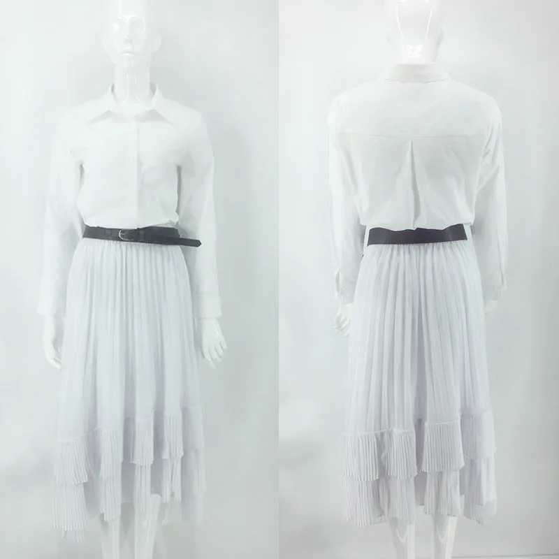 Summer Inspired White Lapel Long Sleeved Shirt Vintage Ruffle Collar Pleated Dress Sets Women Skirt